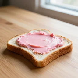 piece of toast spread with pink butter, photorealistic, on a wooden table, light from window