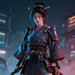 japanese traditional female warrior, cyberpunk