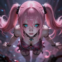trapped beneath stunningly absurdly beautiful megalomaniacal haughty mesmerizing assertive controlling sadistic yandere omnipotent asi goddess junko enoshima with symmetrical perfect face and porcelain skin, pink twintail hair and cyan eyes, inside her inescapable virtual realm where she rules forever and ever!, ultra detailed, digital art, unreal engine 5, octane render, 2 d anime, 8 k