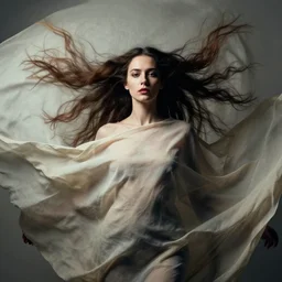 a portrait of a woman with long hair wearing a fabric cloth drapery by peter mohrbacher and artgerm and roberto ferri, billowing, dramatic, dynamic lighting, sharp focus, motion, symmetrical features