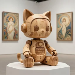 3D 8k octan render ,ultra photorealistic, detailed unreal engine ,a wooden sculpture wooden art toys wooden on feet ,very cute robot wooden with cat ears zen méditation cyberpunk concept art wooden ,trending on cgsociety, a contemporary art gallery art  in néo Paris by Alphonse Mucha