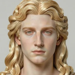 realistic detailed face portrait of the sun god Apollo, long luxurious blond hair, very very very very silky light golden blond hair, extremely pale blond hair, by Alphonse Mucha, Ayami Kojima, Amano, Charlie Bowater, Karol Bak, Greg Hildebrandt, Jean Delville, and Mark Brooks, Art Nouveau, Neo-Gothic, gothic, rich scintillating bright white gold colors