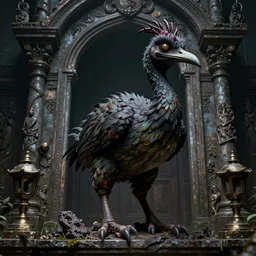 realistic, ultra detailed, menacing, powerful, dark, Satanic, Dodo bird on a shrine