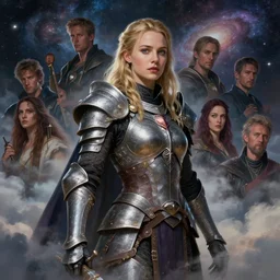 masterpiece concept art, a beautiful highly detailed imogen poots paladin, clouds and galaxies background, extremely emotional, realistic shaded lighting poster by ilya kuvshinov, magali villeneuve, artgerm, jeremy lipkin and michael garmash and rob rey