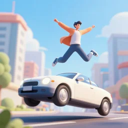 man jumping on a car flying around a city