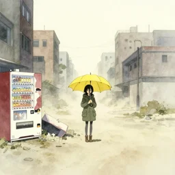 a dusty deserted city, a girl with a parka and a yellow umbrella, broken vending machines, ultrawide, simple watercolor in the style of Ghost in the Shell