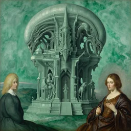 achingly beautiful painting of intricate ancient giger alien structure on jade background by rene magritte, monet, and turner. giovanni battista piranesi.