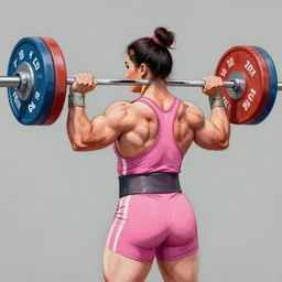 greg manchess portrait back painting of thick very muscular female weightlifter zarya wearing pink dress, medium shot, asymmetrical, profile picture, organic painting, sunny day, matte painting, bold shapes, hard edges, street art, trending on artstation, by huang guangjian and gil elvgren and sachin teng