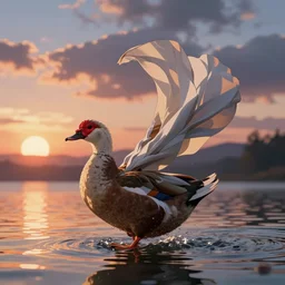 Muscovy duck dancing on water, beautiful flowing fabric, sunset, dramatic angle, 8k hdr pixiv dslr photo by Makoto Shinkai and Wojtek Fus