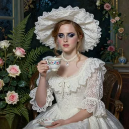 full body model emma watson smokey eyes makeup eye shadow textured film grain oil on canvas fantasy, glow, shimmer as victorian woman in a long white frilly lace dress and a large white hat having tea in a sunroom filled with flowers, roses and lush fern flowers ,intricate, night, highly detailed, dramatic lighting , high quality