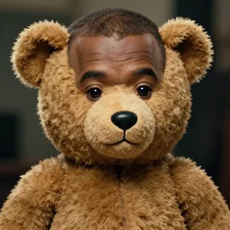 cinematic photograph of Kanye West as a anthropomorphic teddy bear, close up, portrait, shallow depth of field, 40mm lens, gritty, textures