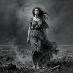 by ossip zadkine, by kengo kuma mournful, hyperdetailed. a land art of a woman standing in a field of ashes, her dress billowing in the wind. her hair is wild & her eyes are closed, in a trance - like state. dark & atmospheric, ashes seem to be alive, swirling around.