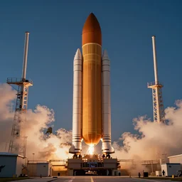symmetry!! a photo of the launch of the space launch system rocket evening hours, sls launch, dslr, launch photo, houdini, volume rendering, vdb, octane render, redshift render, arnold render, unreal engine, fumefx, intricate, elegant, highly detailed, digital painting, artstation, concept art, smooth, sharp focus, art by pixar, 8 k