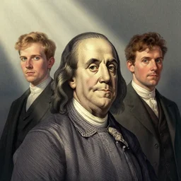 illustrated portrait of benjamin franklin, colorful, mads berg, karolis strautniekas, christopher balaskas, stippled light, low fog, moody, fine texture, editorial illustration, dramatic lighting, dynamic composition, detailed, matte print, muted color, ( ( victo ngai ) ), wide angle ( ( sunbeams ) )