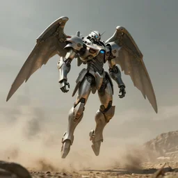 full body concept art of a mech space samurai with jet pack and thin mech wings, hovers above ground, dust swirls under him, realistic, cinematic, atmospheric, sci - fi movie character, octane render, by moebius, alphonse mucha, roger deakins, masamune shirow
