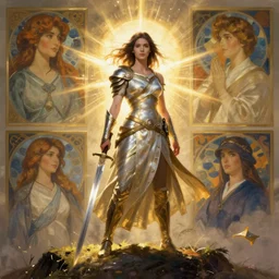 ultra realistic digital art, female hero with sword standing on hill, art by artgerm and greg rutkowski and alphonse mucha