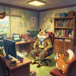 interior of an office belonging to a senior member of the kitsune adventurer's guild, colorful, anime, a fantasy digital painting by greg rutkowski and james gurney, trending on artstation, highly detailed,