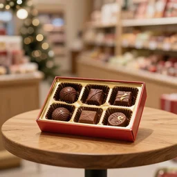 5 5 mm photo, of freshly gift box with chocolate by phillip ashley on a wooden table in a candy store. dof. bokeh. christmas magical atmosphere. art by greg rutkowski. highly detailed 8 k. intricate. lifelike. soft light. nikon d 8 5 0.