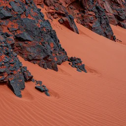 eroded landscape, red sand en black rocks, high cliff, heavy grain, high quality,