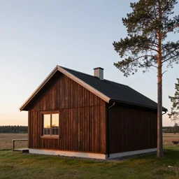 Modern swedish barn house, pine tree, sunrise, minimalistic, sharp edges