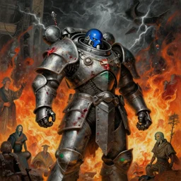 composition of gothic and futuristic, warhammer, cyber japan sty armor, more and more scars, thunderstorm, firestorm, blue head, some red and green, the middle ages, highly detailed, artstation, in the style of moebius, jugendstil and classic japanese print, painting by don lenzer, michael margetts, composition by rene magritte, jean delville