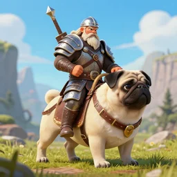 fantasy barbarian riding armored battle pug, 3d depth, high detail, vivid colors