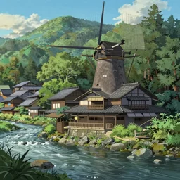 concept art painting of a historic mill with japanese architecture, by a river in a woodland village surrounded by trees and mountains, realistic, detailed, cel shaded, in the style of makoto shinkai and greg rutkowski and james gurney