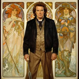realistic detailed painting of Gary Busey by Alphonse Mucha, Ayami Kojima, Amano, Charlie Bowater, Karol Bak, Greg Hildebrandt, Jean Delville, and Donato Giancola, Art Nouveau, Neo-Gothic, gothic, rich deep colors
