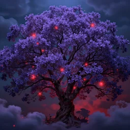 purple flower trees, symmetry!!!, clouds, surrealism, dark atmosphere, blue color, dark red color, dark purple color, glowing orbs, glowing lights, surreal, infographic, epic fantasy, digital art, concept art, detailed illustration, hd, 4 k, highly saturated colors, digital art, mike franchina, trending on artstation