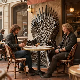 a photorealistic render of a parisian cafe on mars at lunch time but all the chairs look like the iron throne, iron throne from game of thrones, scifi and fantasy, ultra detailed faces, 8 k, artstation, volumetric lighting, smooth, highly detailed, octane render, by andres rocha and albert bierstadt and greg rutkowski