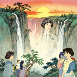 vintage cinematic landscape watercolor by bruce pennington and by mary cicely barker, portrait of a lady by francois schuiten and by yoshitaka amano, 7 0 s sci - fi art book cover by mary blair, craig russel art, japanese woodblock, the lush magic cliffs at sunset with waterfalls by makoto kobayashi and by studio ghibli, jinbi shanshui