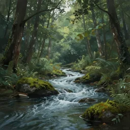 beautiful matte painting of river in forest, fantasy