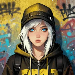 highly detailed portrait of a street punk lady student, blue eyes, hoodie, hat, white hair by atey ghailan, by greg rutkowski, by greg tocchini, by james gilleard, by joe fenton, by kaethe butcher, gradient yellow, black, brown and cyan blue color scheme, grunge aesthetic!!! ( ( graffiti tag wall background ) )