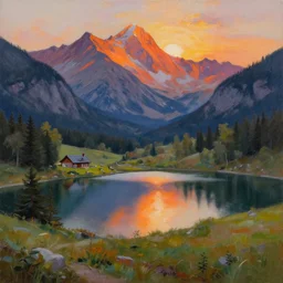a landscape with a lake in the mountain. sunset. cottage. acrylic painting. 4 k. very detailed. trandint on artstation. masterpiece. shadows.