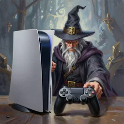 a painting of a wizard that is playing on a playstation 4