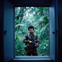 film still, extreme far view, the weeknd, jungle, vietnam door gunner, apocalypse now, associated press,, 2 6 mm, kodak ektachrome, blue tint expired film