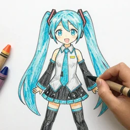 Preschooler's crayon drawing of Hatsune Miku in crayon