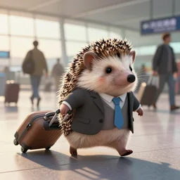 a cute hedgehog! dressed like a businessman is dragging a trolley suitcase in a busy airport, early morning hours, long shadows, extremely detailed, fantasy painting, photorealistic