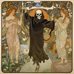 skull - headed grim reaper dancing in paradise garden by mucha and jimmy lawlor and anna dittmann