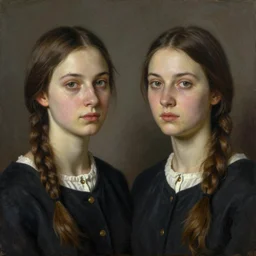 portrait of two identical adult surviving sisters, by vladimir makovsky, and donato giancola.
