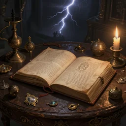 a dark fantasy illustration of an open ornate book on an antique table, trinkets and baubles, candlelight, micro details, masterpiece, dramatic lightning, very high details, multiple angles, by moebius, by greg capullo