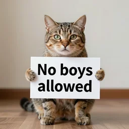 composition cat holding sign'no boys allowed'