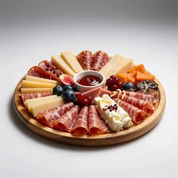 golden charcuterie board, commercial catalog photo, isolated on a pure white background, centered, entire object in frame, sharp focus, soft studio lighting