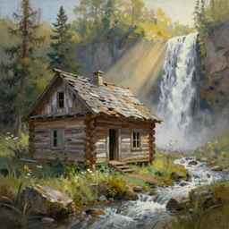 a beautiful painting of an old abandoned log cabin, waterfall, god rays by greg rutkowski and kalin popov, trending on artstation, masterpiece,