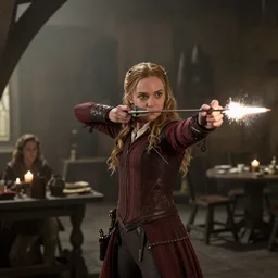 hogwarts gryffindor common room, katniss everdeen is firing an arrow, film still