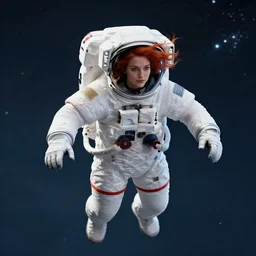 a woman with red hair floating in space. she is an astronaut, she is wearing a space suit. well composed, clean elegant painting, beautiful detailed face. comic book art with heavy black outlines by mike mignola