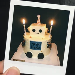a birthday cake in the shape of a robot, birthday cake, decorated cake, candles, birthday, polaroid