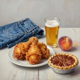 fried chicken, cold beer, pair of jeans, georgia pine, georgia peach, pecan pie, oil on canvas