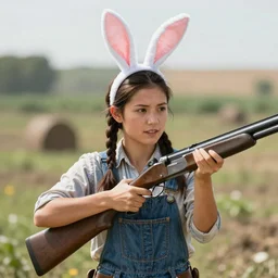 a bucktoothed farmer lady wearing rabbit ears and holding a shotgun.