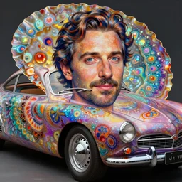nacreous shell fractal paint on a karmann ghia. mathias kollros mark winters villeneuve lie setiawan lius lasahido manuel castanon. portrait vivid intricate vibrant elaborate inks unreal engine render.